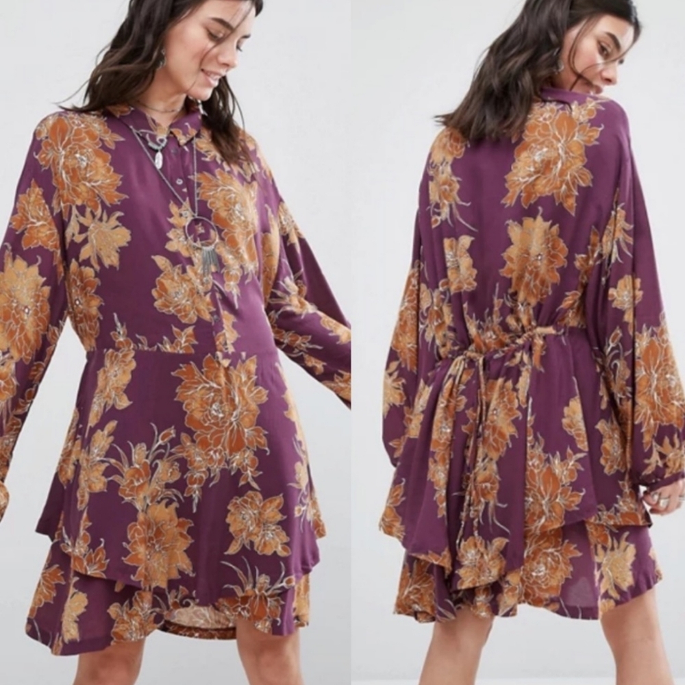 Free People Purple Floral Long Sleeve Tiered Dress
